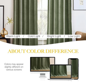 Olive green velvet curtains showcasing color difference under warm, cold, bright, and low light.