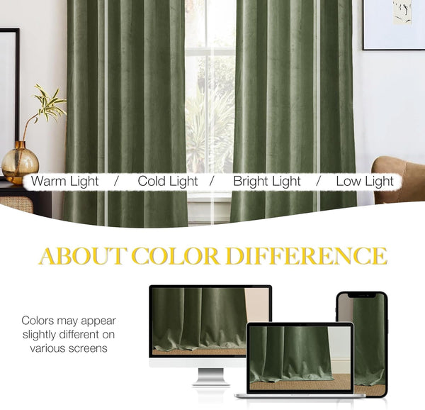Olive green velvet curtains showcasing color difference under warm, cold, bright, and low light.