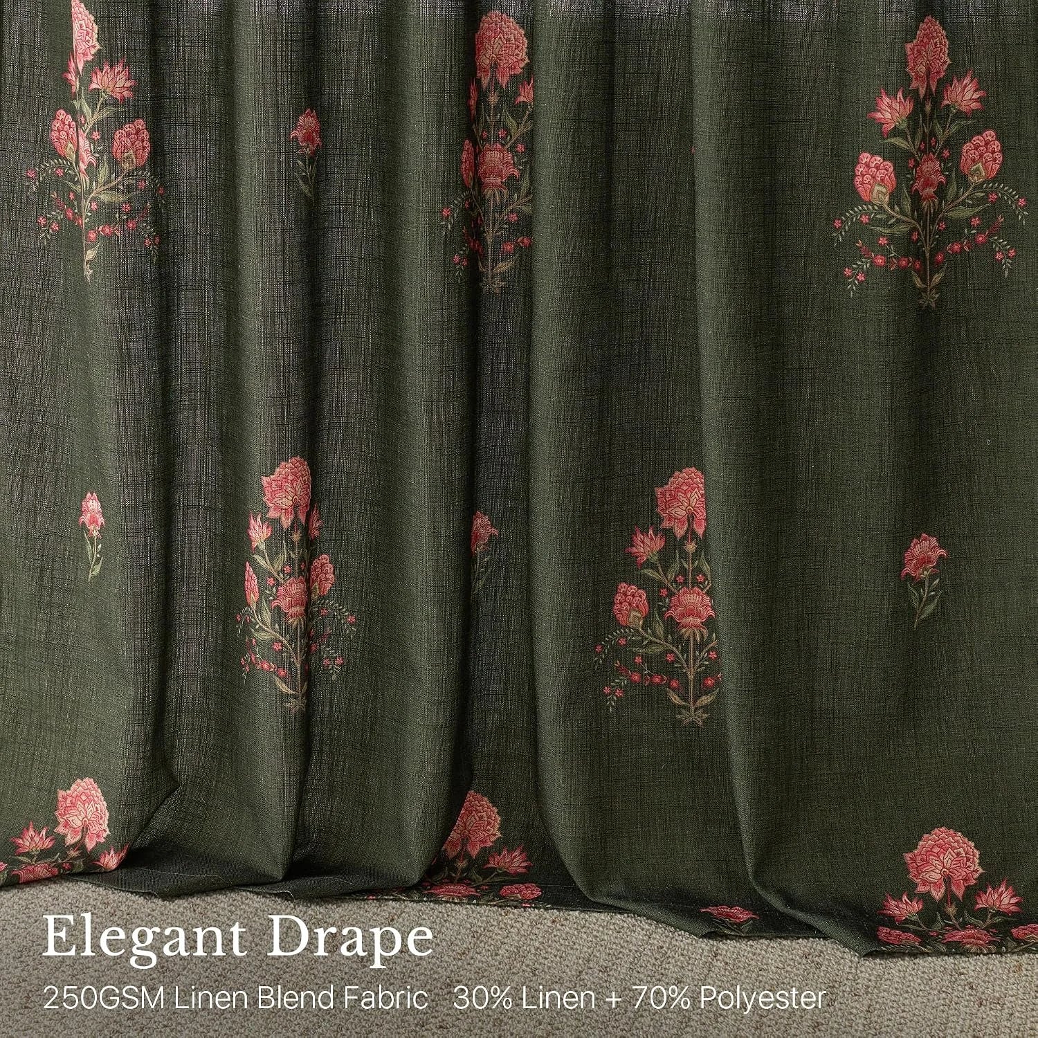 Olive green linen blend curtains with pink floral print and soft elegant drape