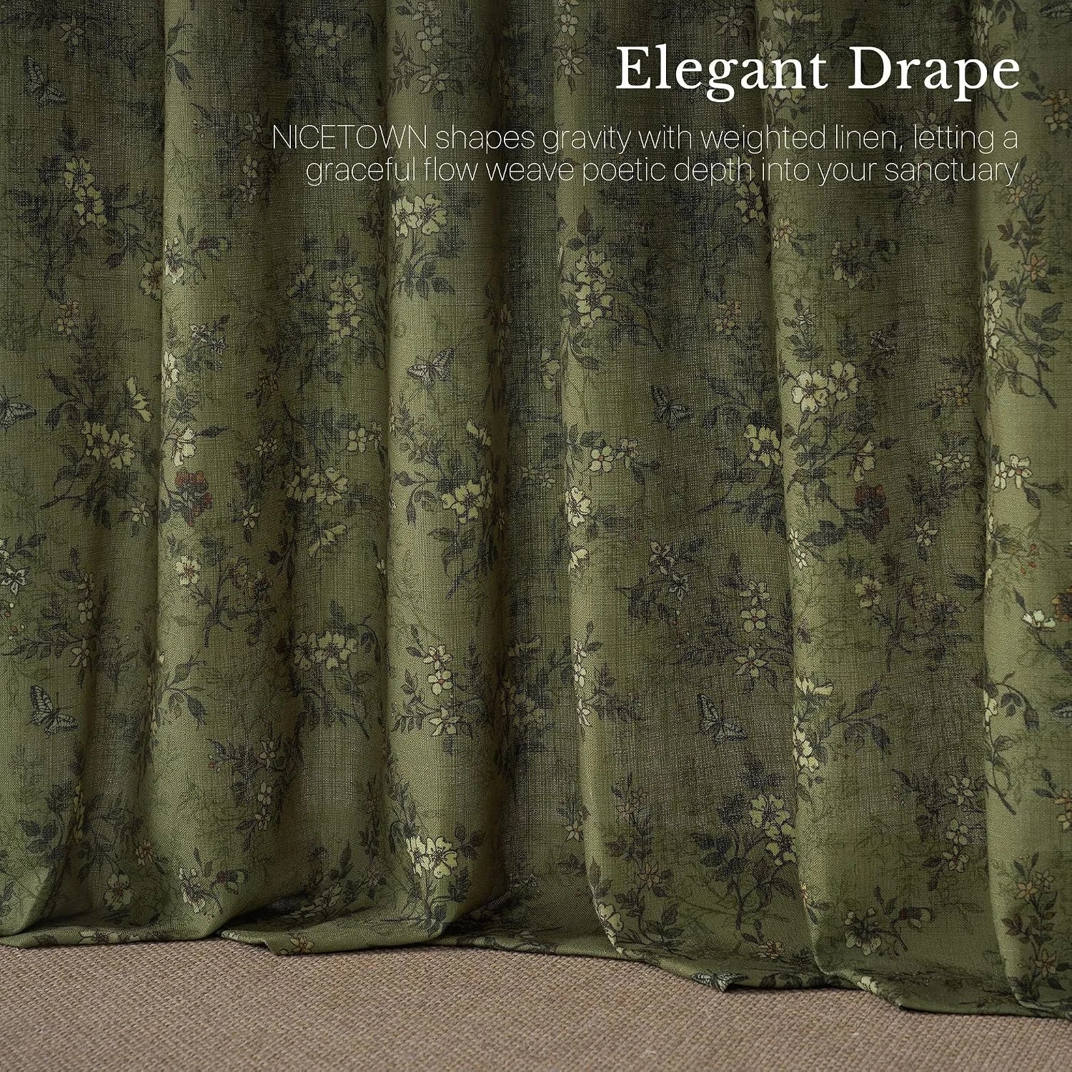 Olive green linen curtain with delicate floral print and soft elegant drape