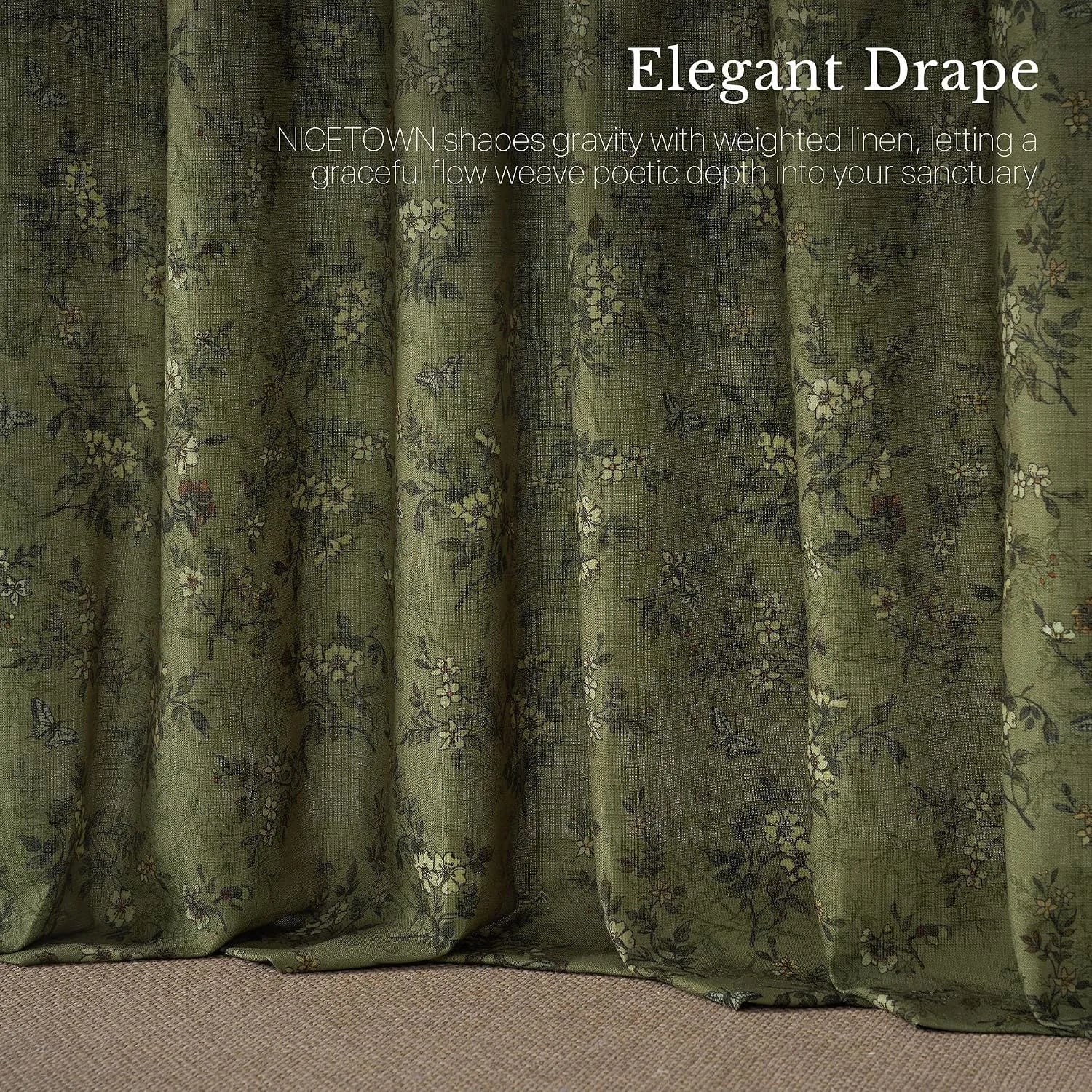 Olive green linen curtain with delicate floral print and soft elegant drape