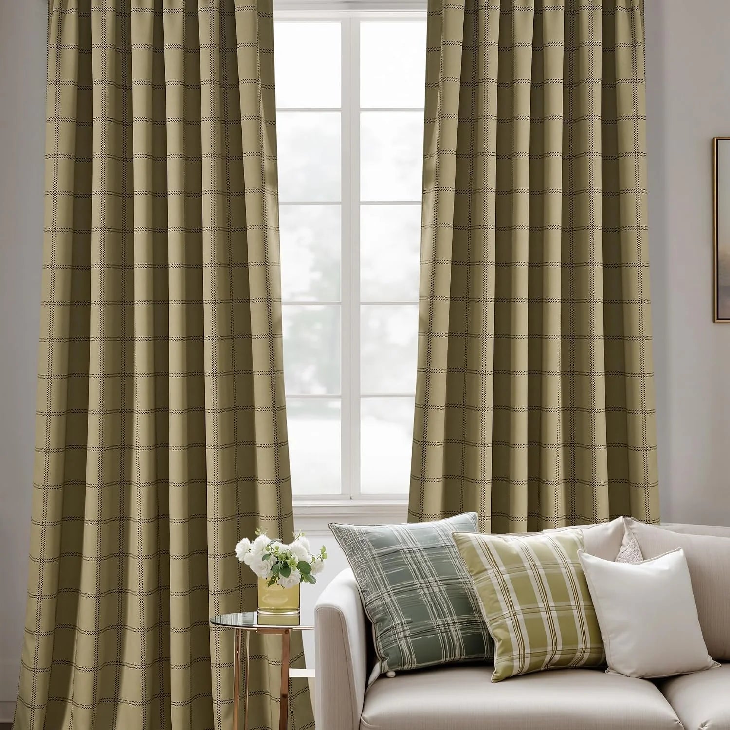 Olive green plaid curtains framing a bright window above a cream sofa