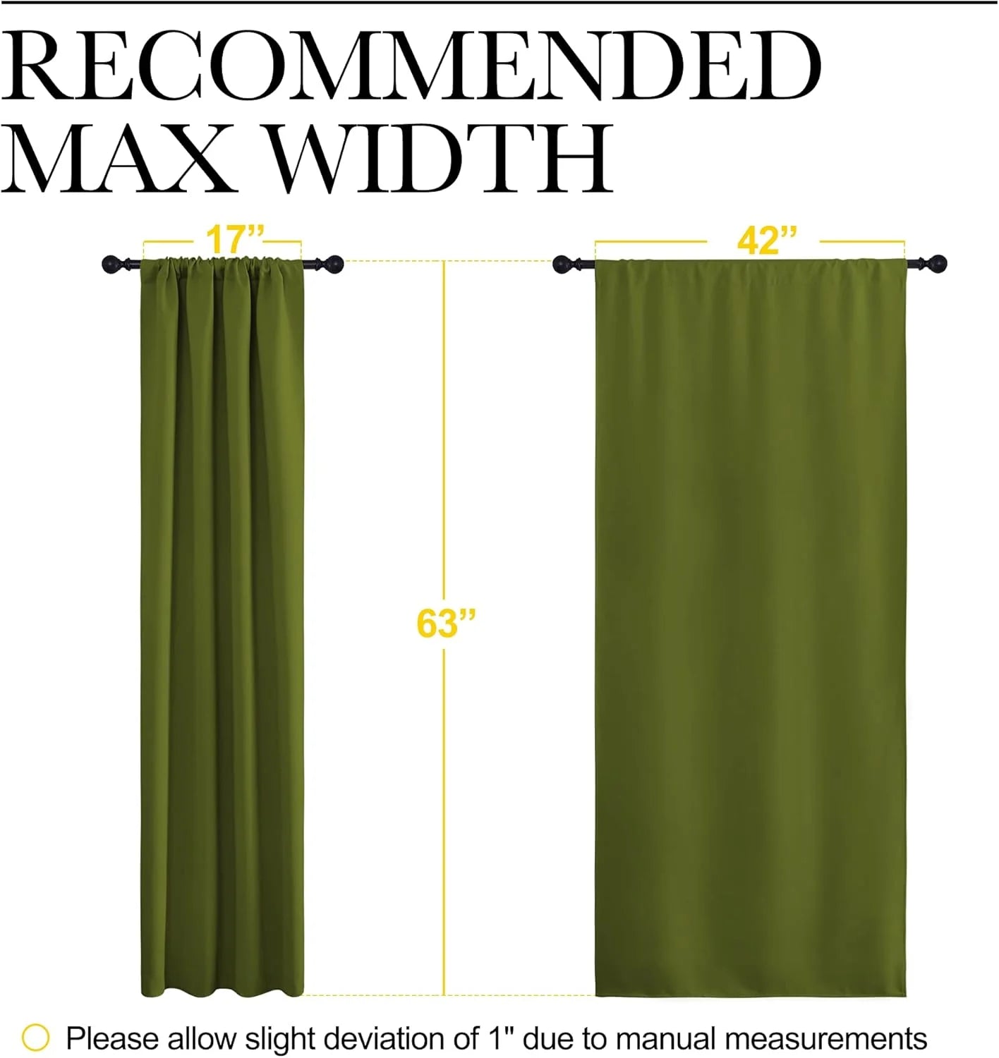 Olive green rod pocket curtain panel size guide showing 17 to 42 inch width and 63 inch length