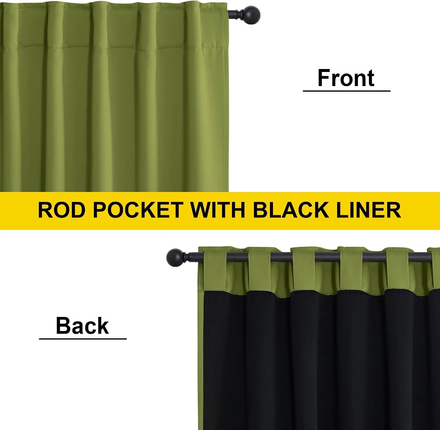 Olive green rod pocket blackout curtain panel with black liner, front and back view