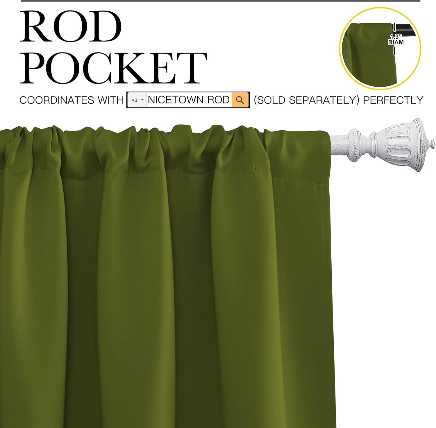 Olive green rod pocket curtain panel hanging on a white decorative curtain rod