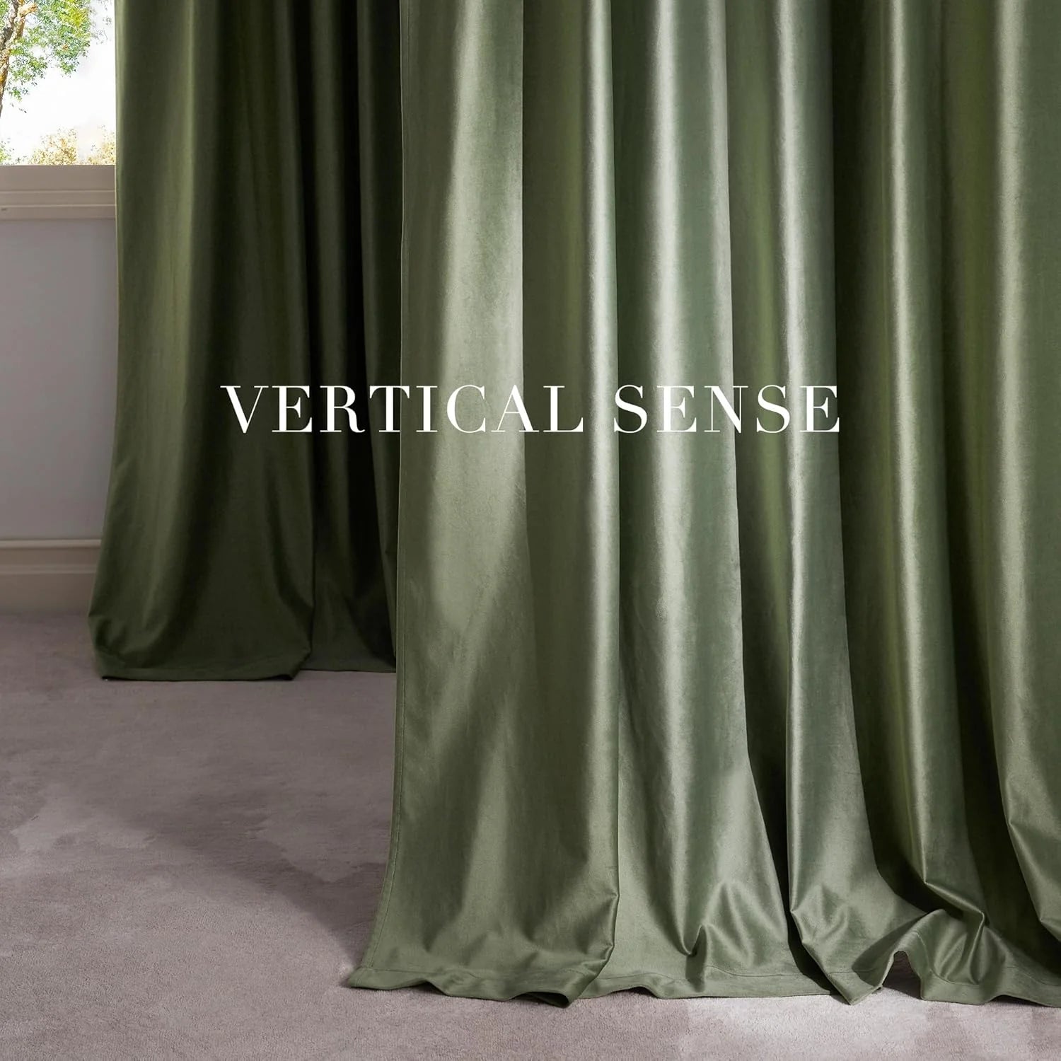 Olive green satin drapes with soft sheen hanging in elegant vertical folds by a window