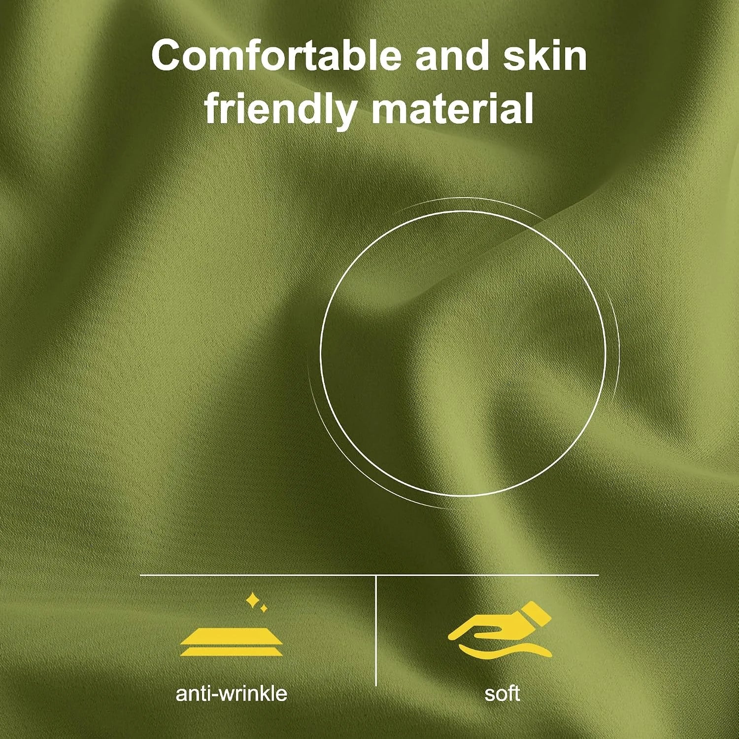 Close-up of olive green fabric with soft texture and anti-wrinkle material icons