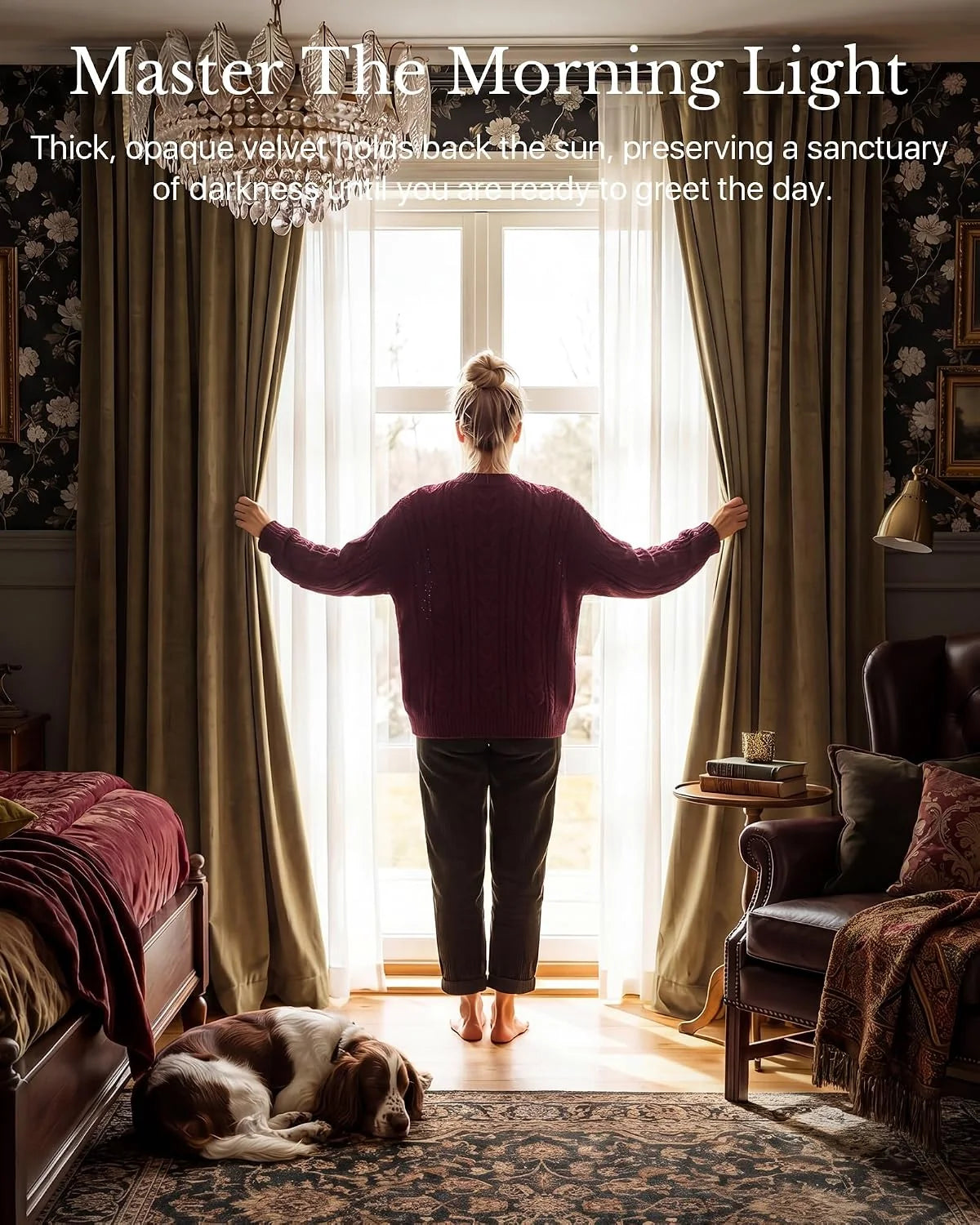 Woman opening olive velvet blackout curtains in a cozy traditional bedroom