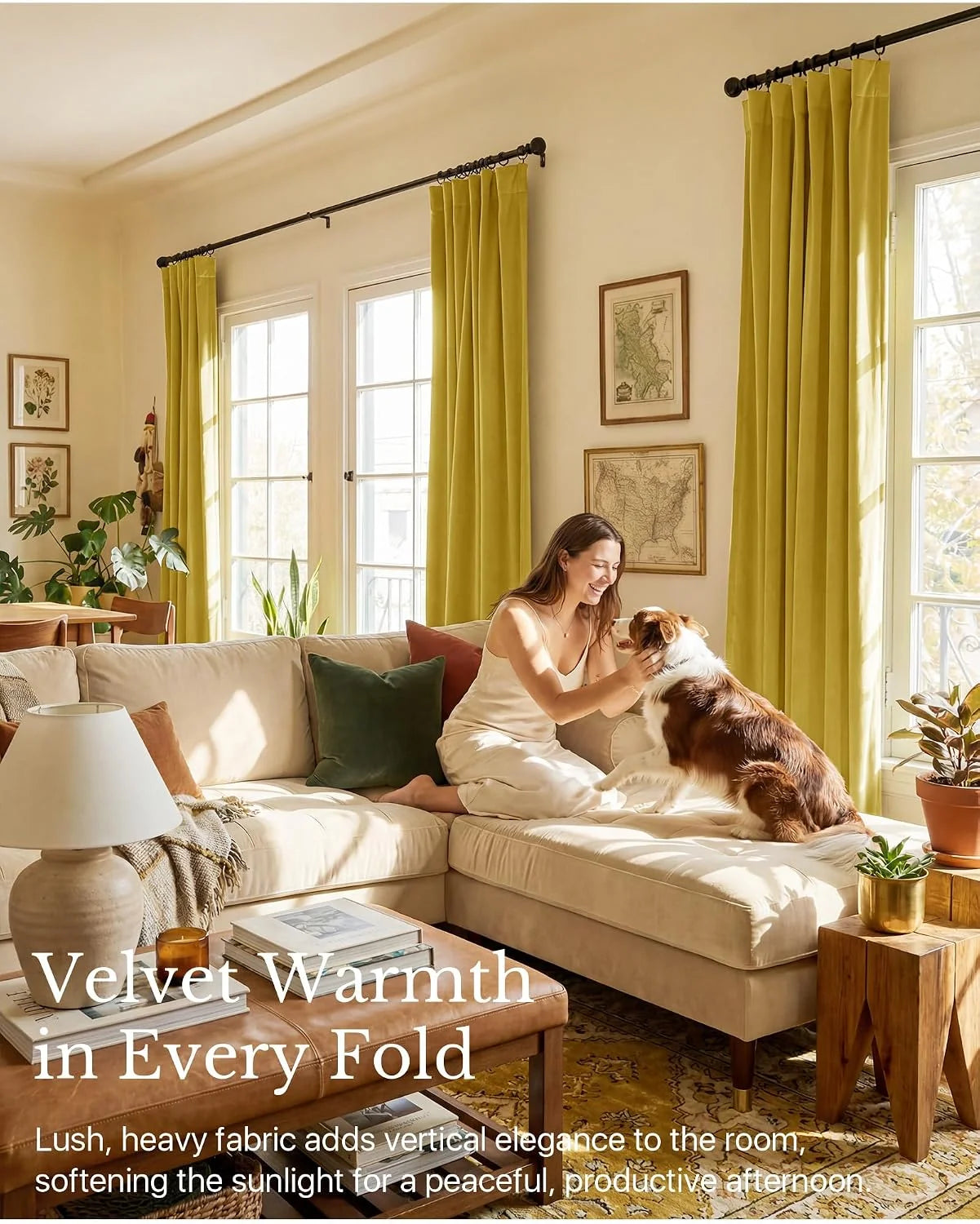 Olive velvet curtains in a sunny living room with cream sofa, woman, and dog