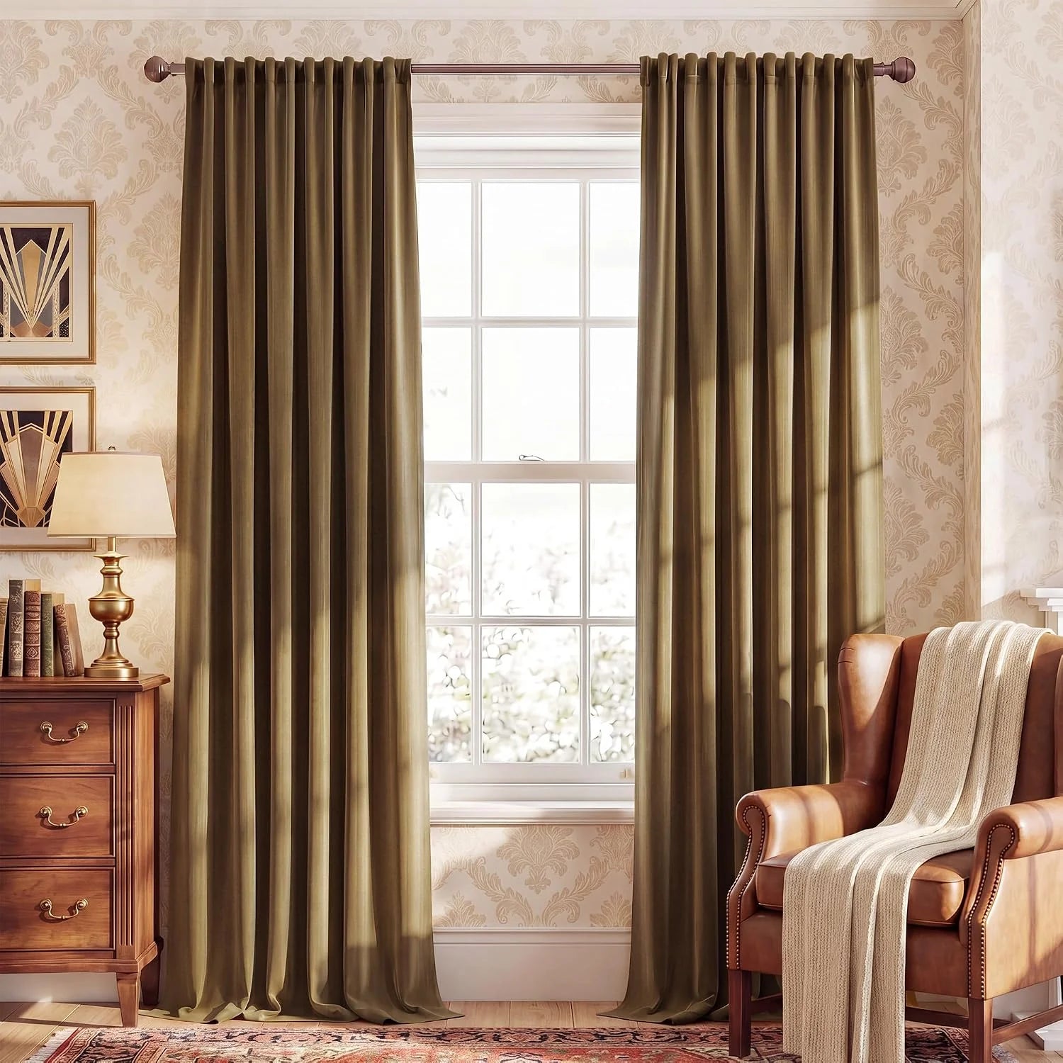 Olive velvet curtains hanging on a rod in a warm traditional living room window
