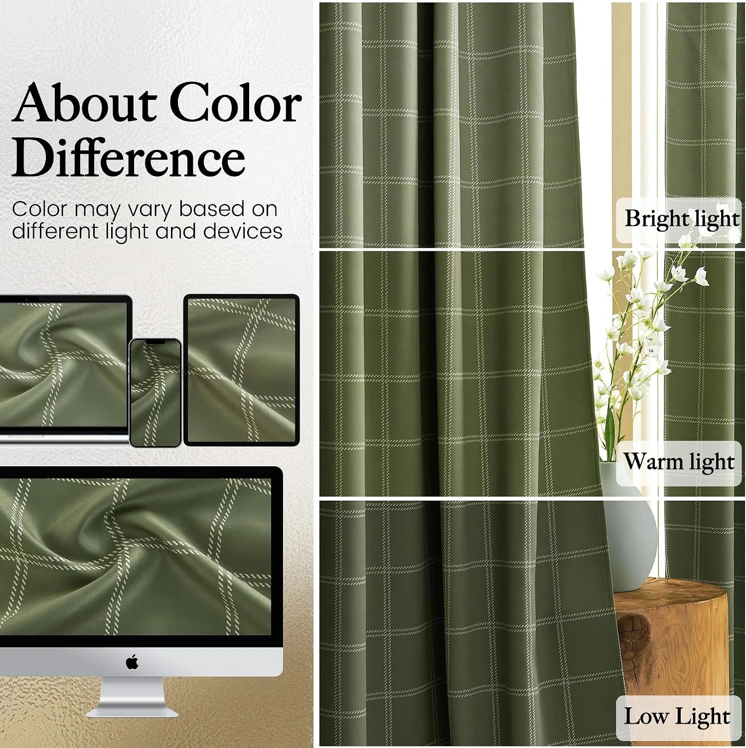 Olive green windowpane curtain panel shown under bright, warm, and low light