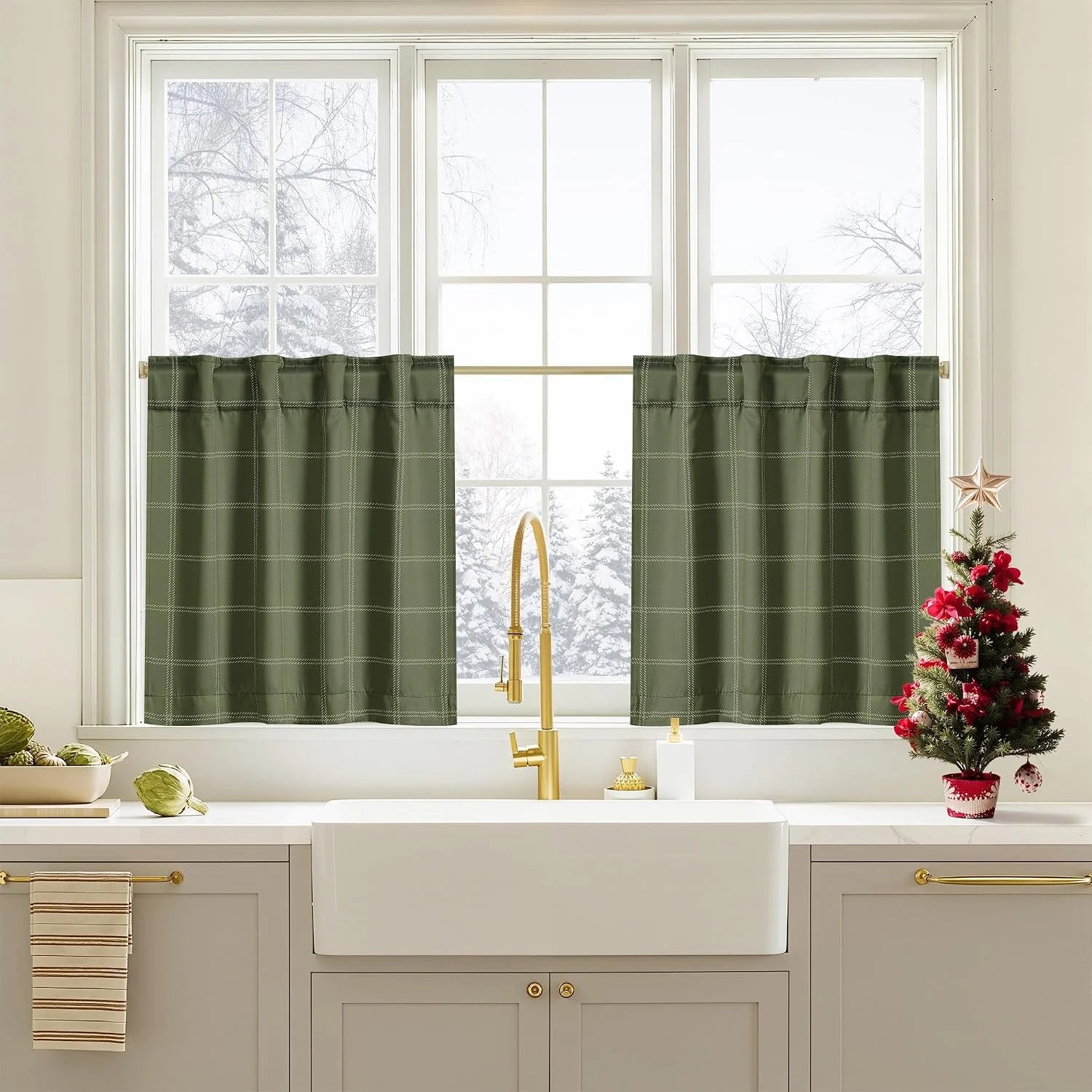 Olive green windowpane tier curtains over a farmhouse kitchen sink window