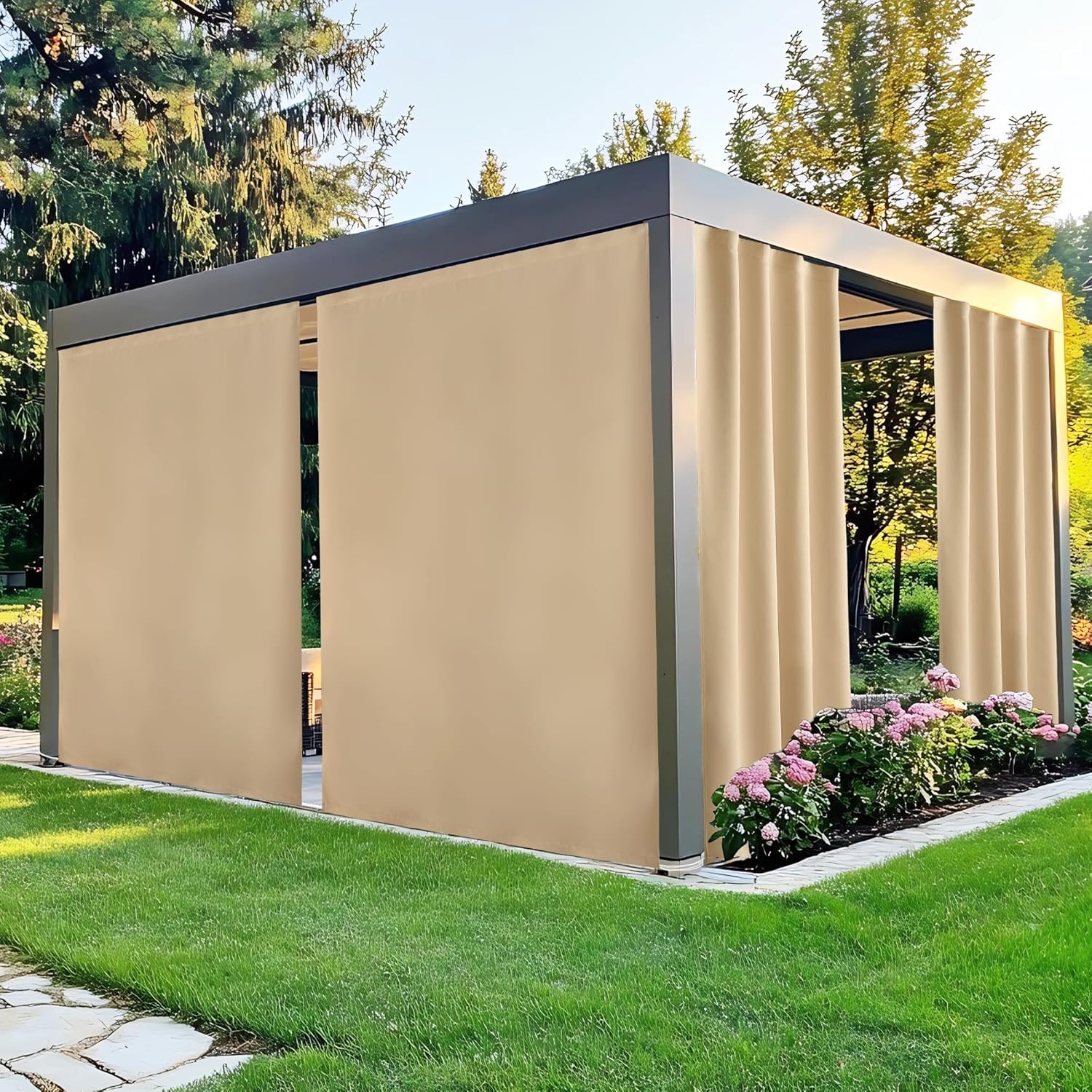 Modern outdoor pergola featuring dark gray frame and tan retractable privacy screens on a green lawn.