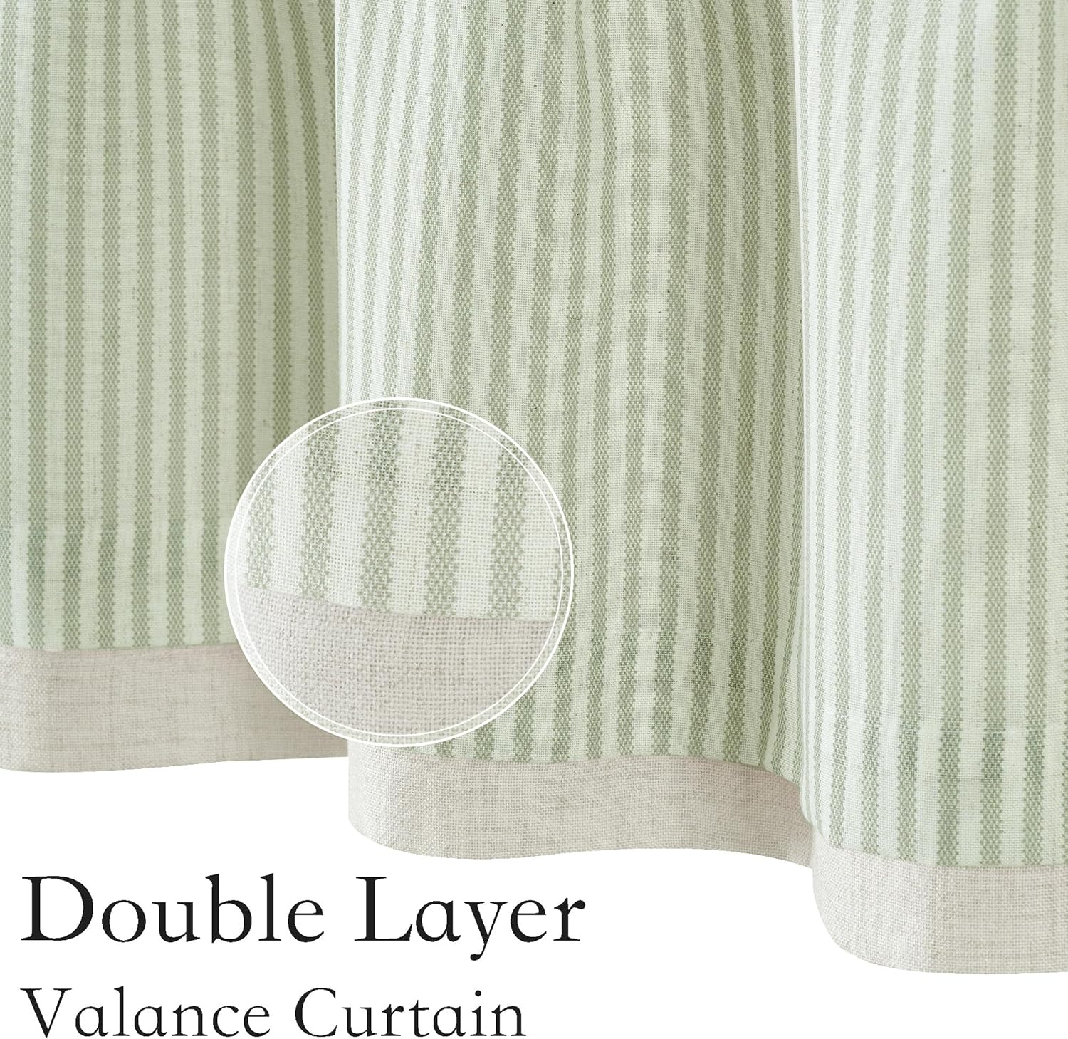 Double layer valance curtain with pale green and white stripes and a natural beige bottom border. Visible woven fabric.