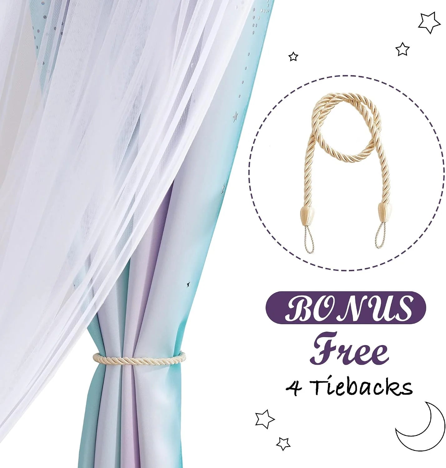 Pastel blue and lavender curtains with sheer panel and cream rope tieback bonus