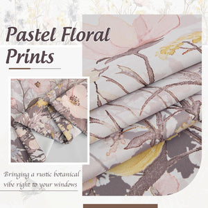 Fabric with pastel floral print: pink flowers, yellow leaves, brown branches on light background.