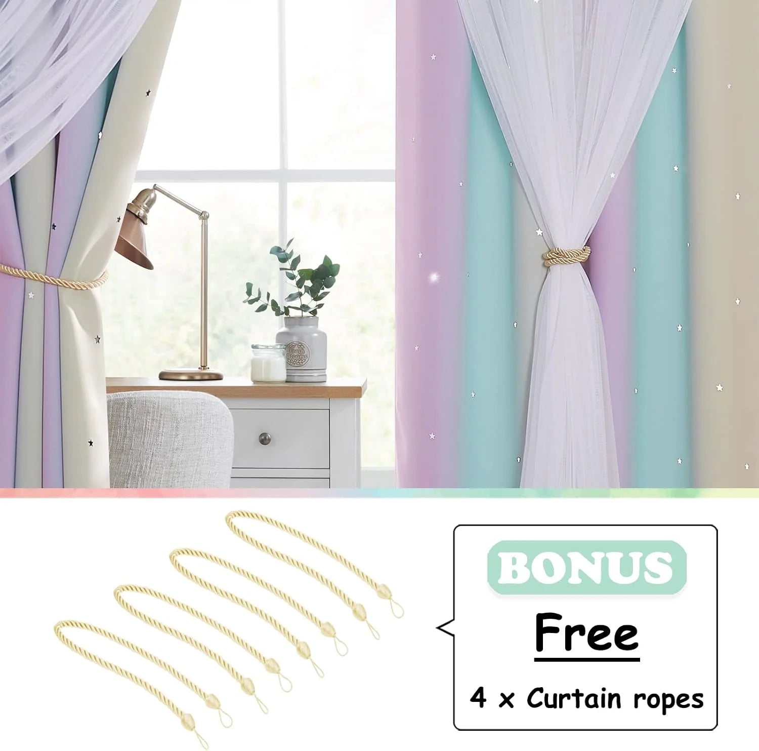 Pastel gradient sheer curtains with gold rope tiebacks in a bright bedroom window