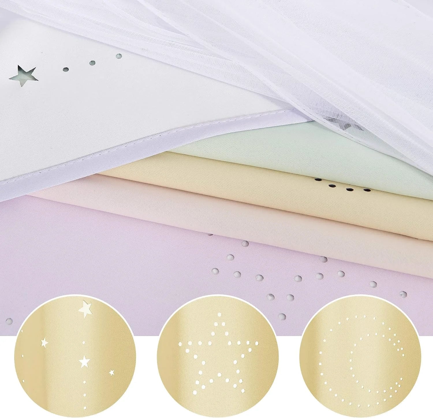 Layered pastel mesh canopy fabrics with star, dot, and moon cutout patterns