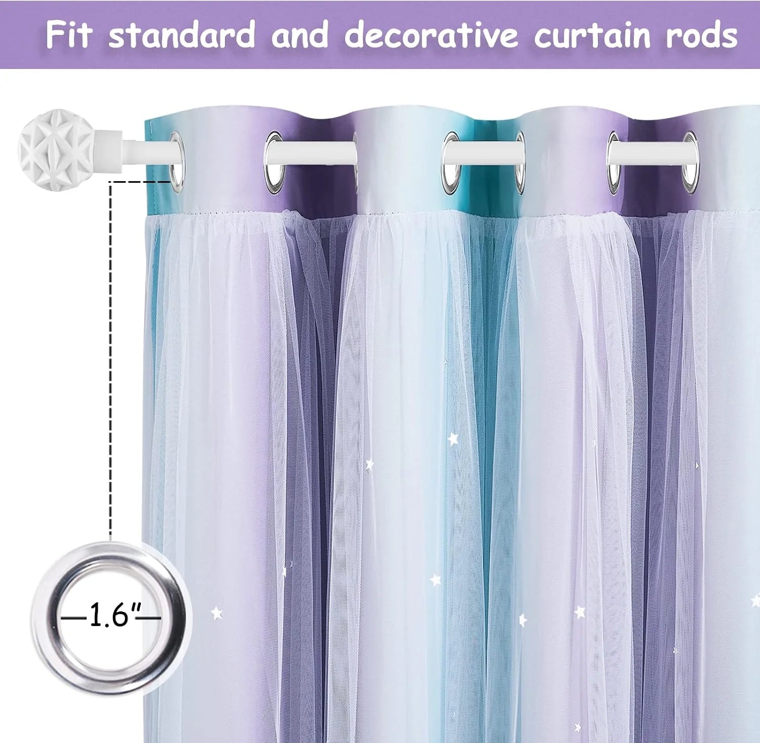 Pastel ombre sheer curtain with silver grommets shown on a white decorative rod