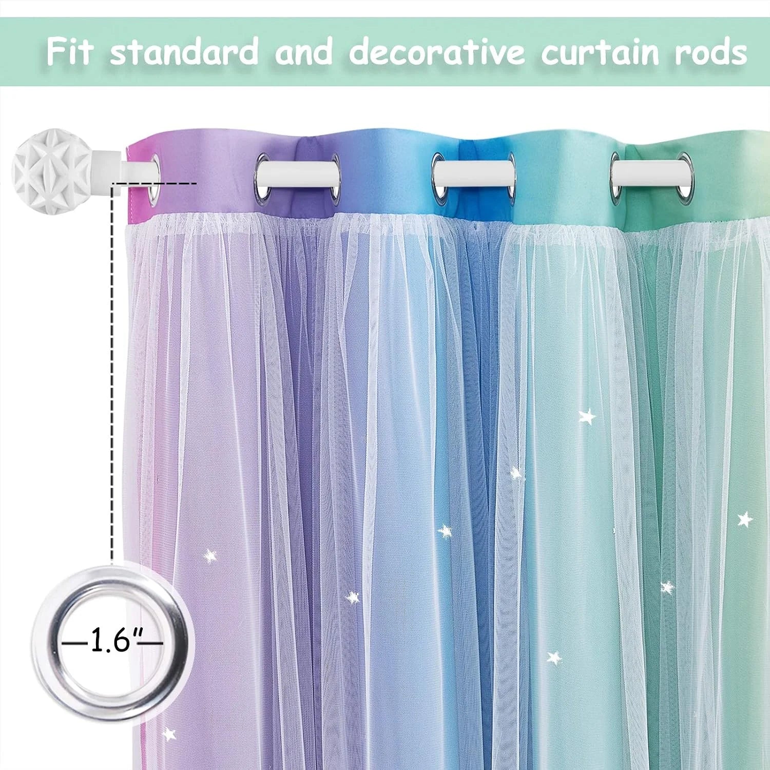 Pastel ombre sheer curtain with silver grommets and white overlay on rod