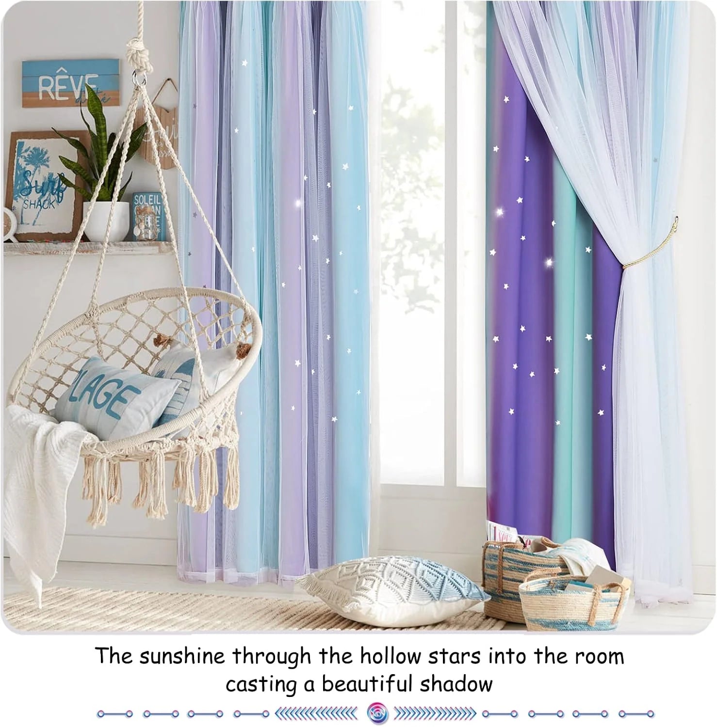 Pastel ombre sheer star curtains in a bright boho kids room by the window