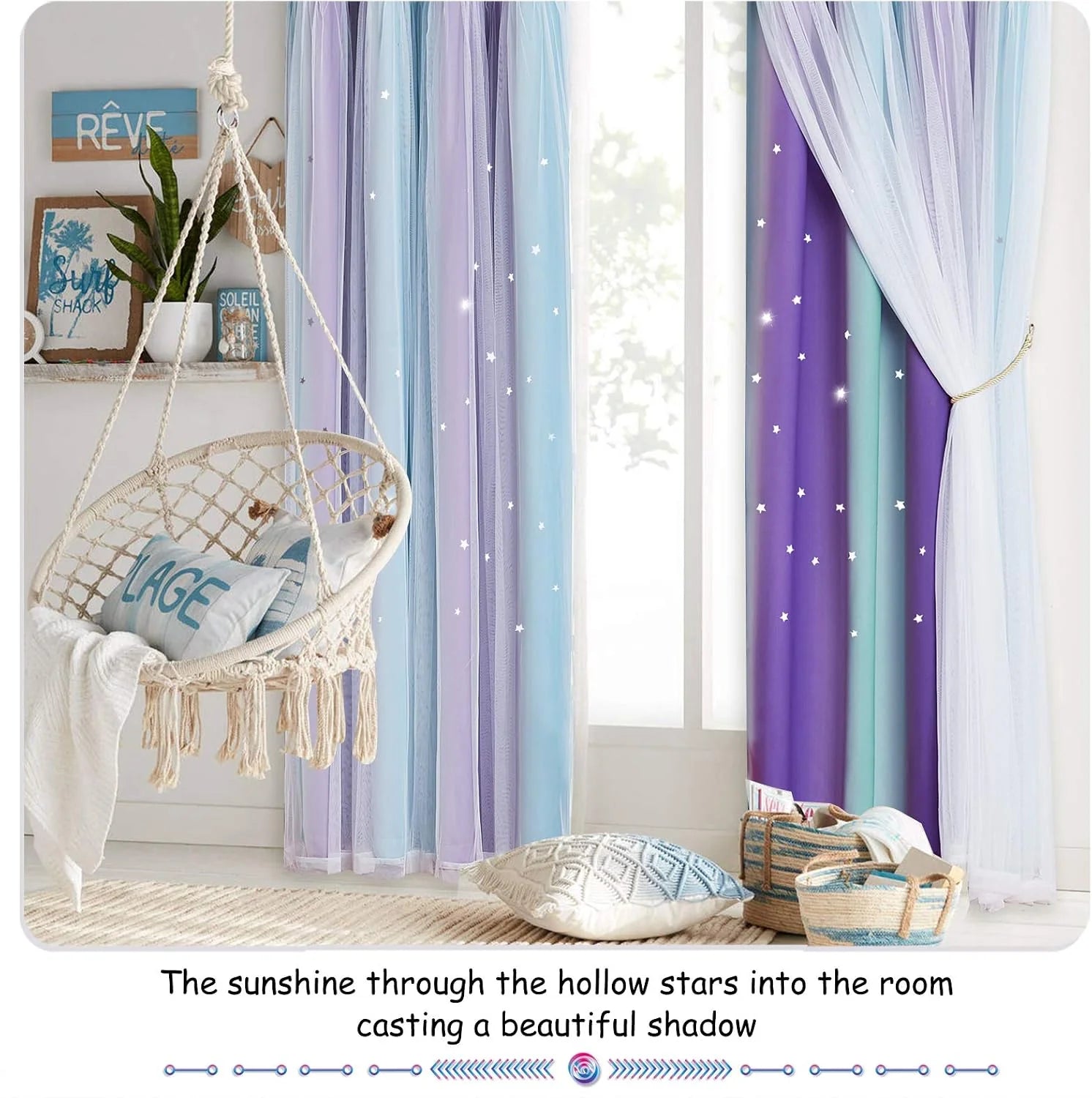 Pastel ombre sheer curtains with star cutouts in a bright boho kids room