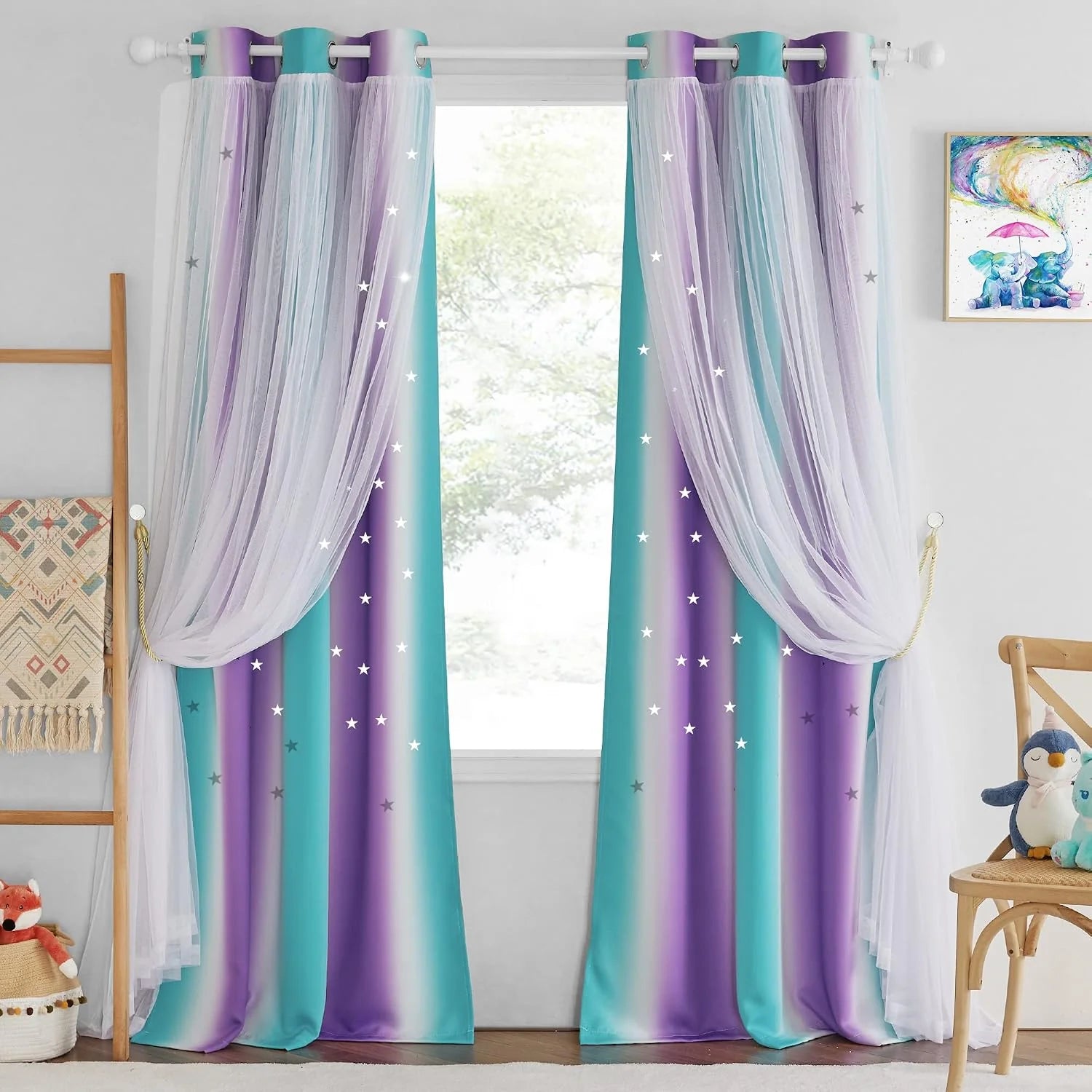 Pastel ombre star curtains with white sheer overlay in a whimsical kids bedroom