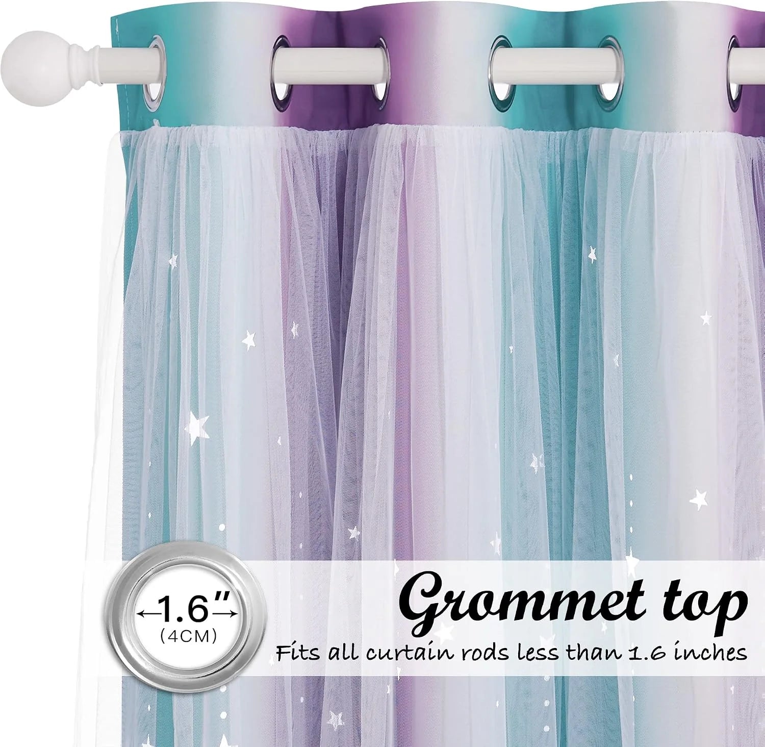 Pastel ombre sheer tulle curtain with silver grommet top and white star details