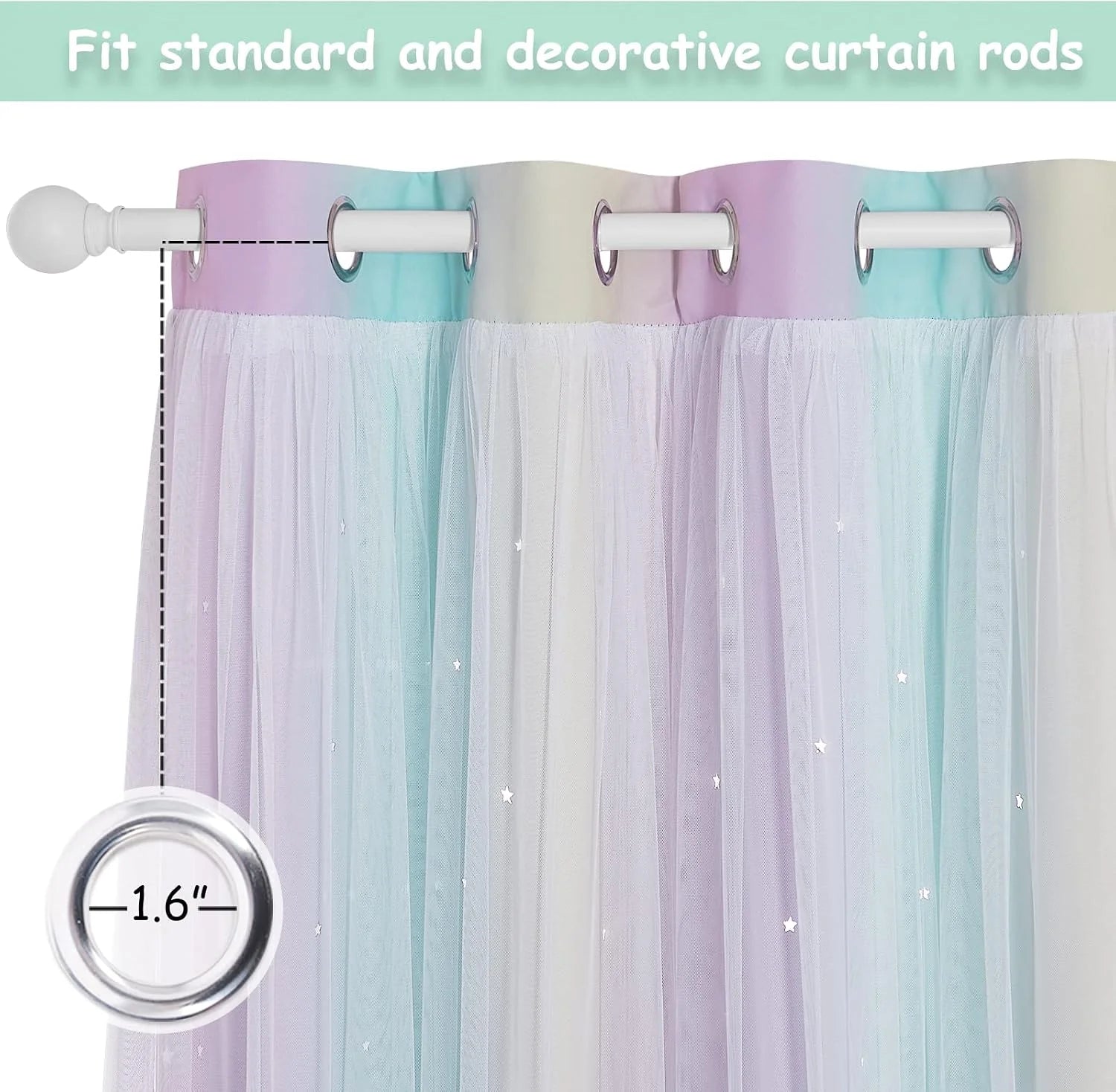 Pastel rainbow sheer curtain with silver grommets and star details on white rod