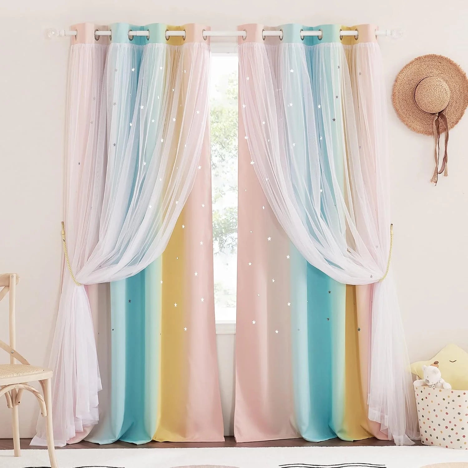 Pastel rainbow kids curtains with sheer white overlay and silver star details