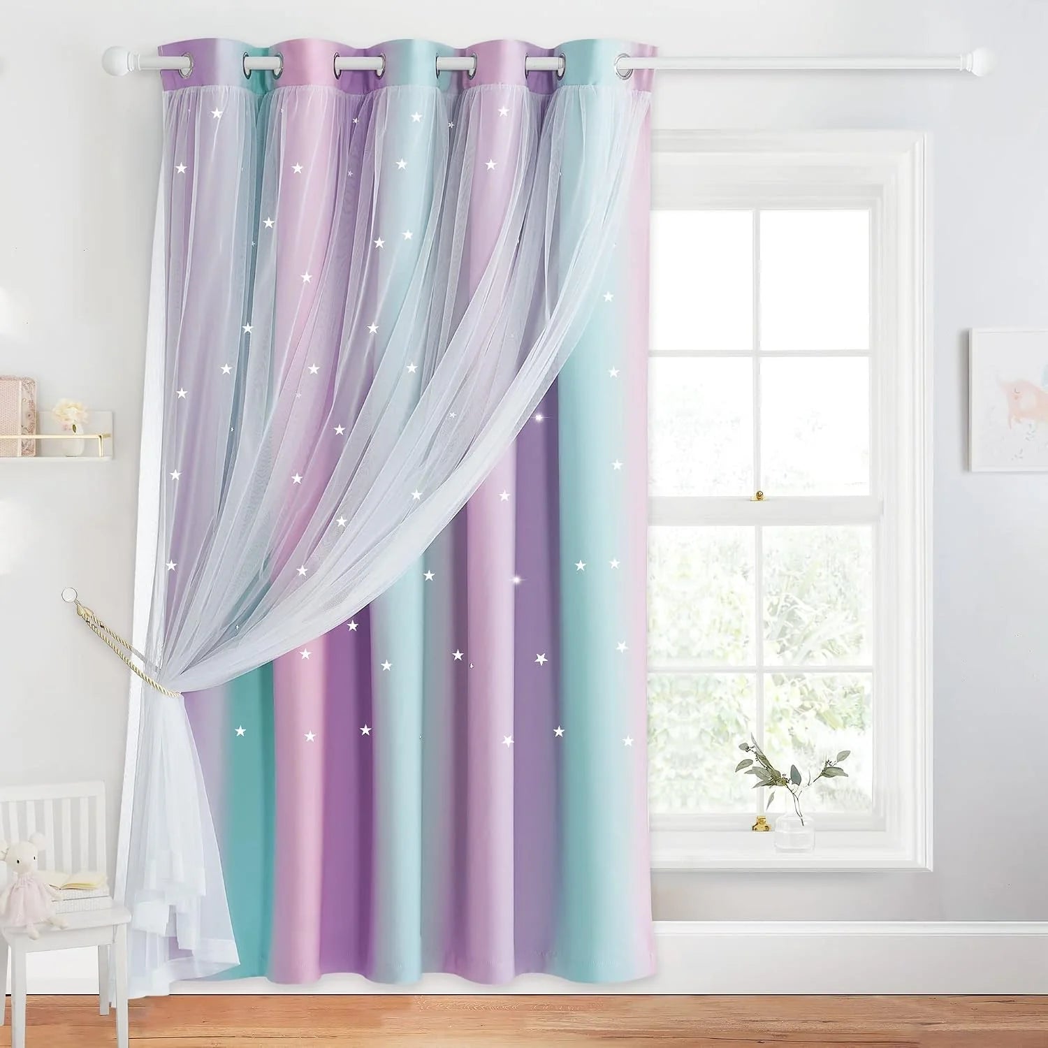 Pastel rainbow kids curtains with white sheer overlay and star details by window