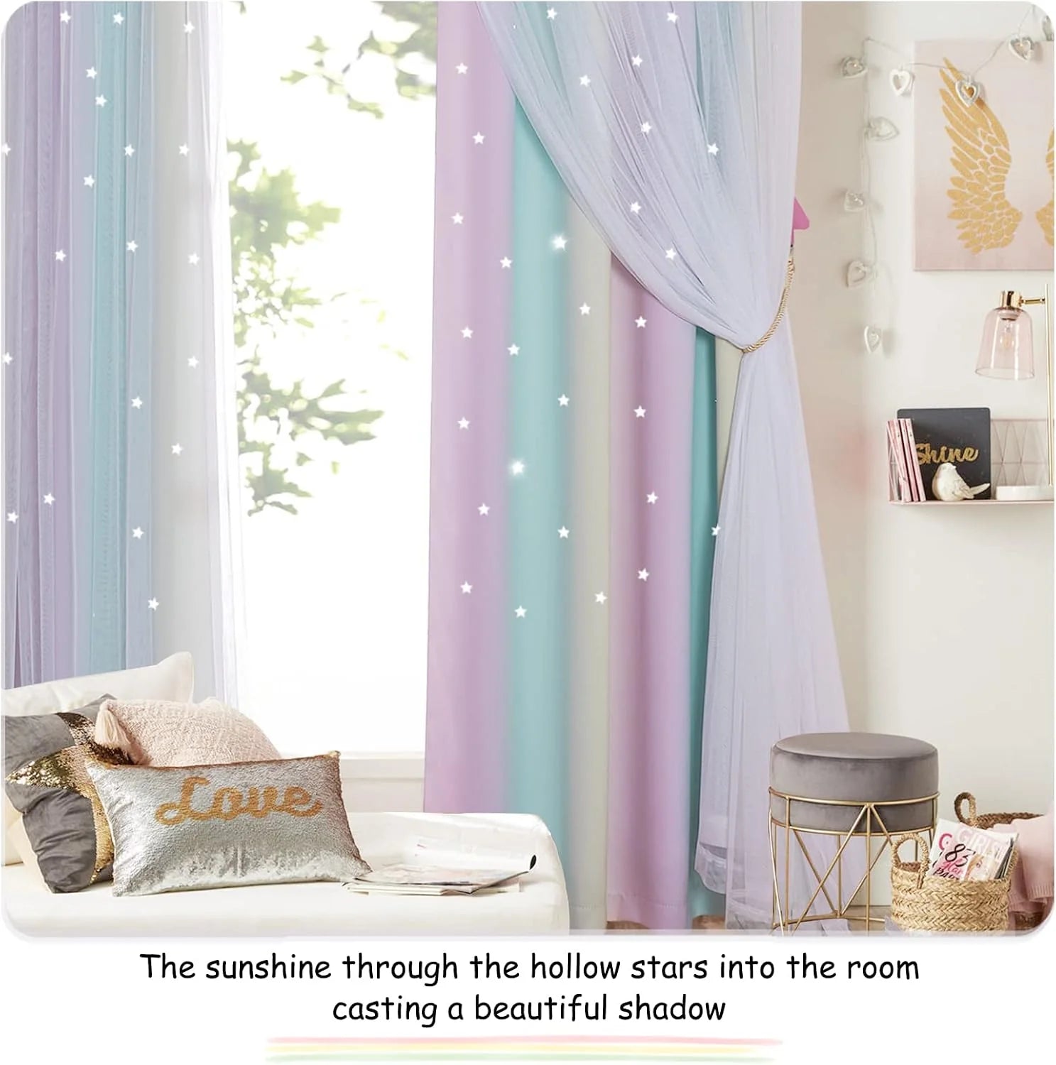 Pastel rainbow curtains with sheer white drape and star cutouts in a dreamy kids room