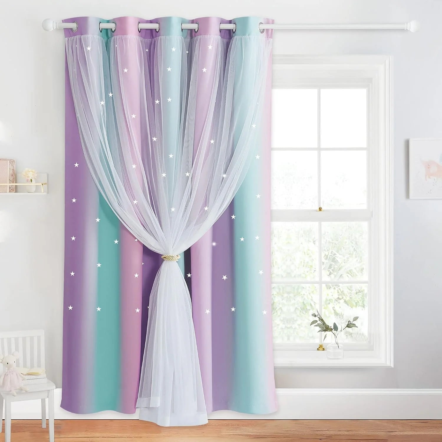 Pastel rainbow kids curtains with white sheer overlay and star details on window