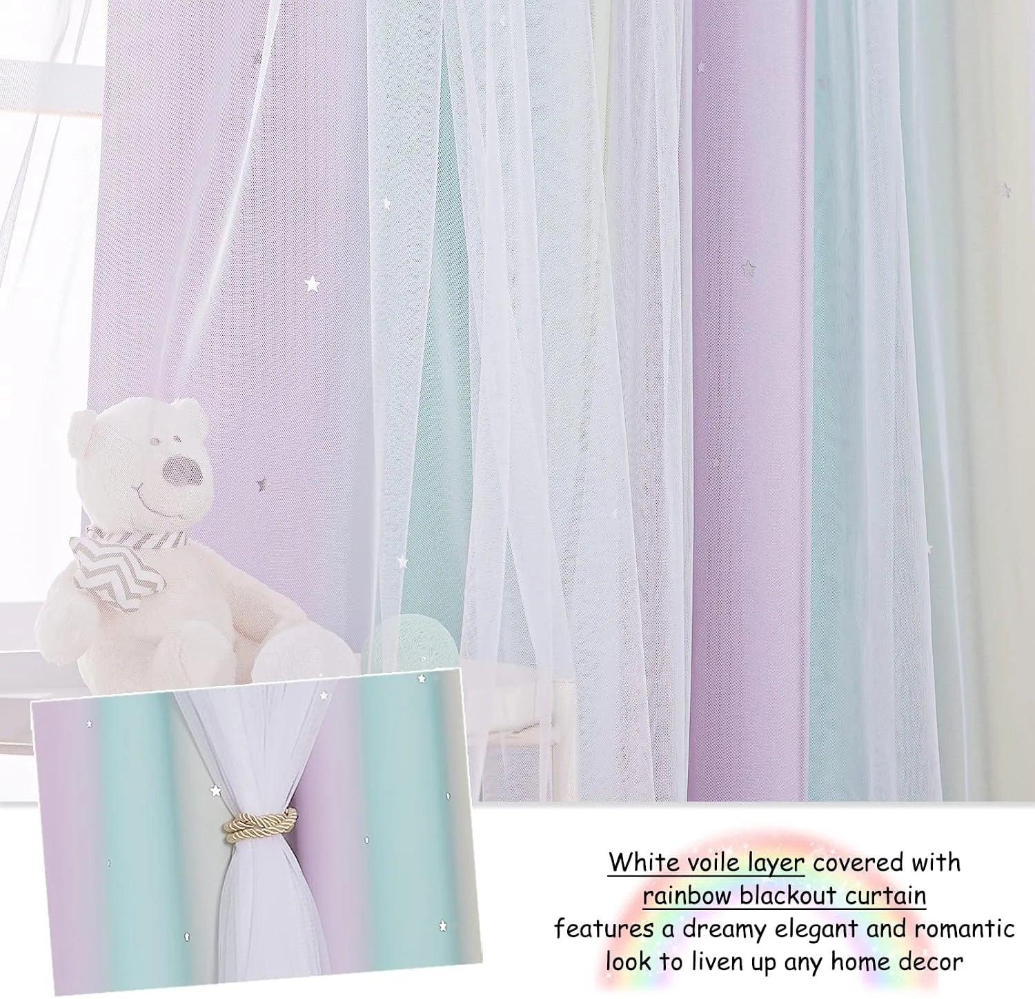Pastel rainbow blackout curtains with white voile layer and star details in a kids room