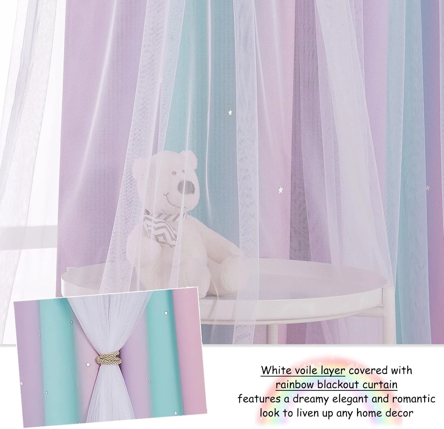 White voile canopy over pastel rainbow blackout curtains in a dreamy kids room