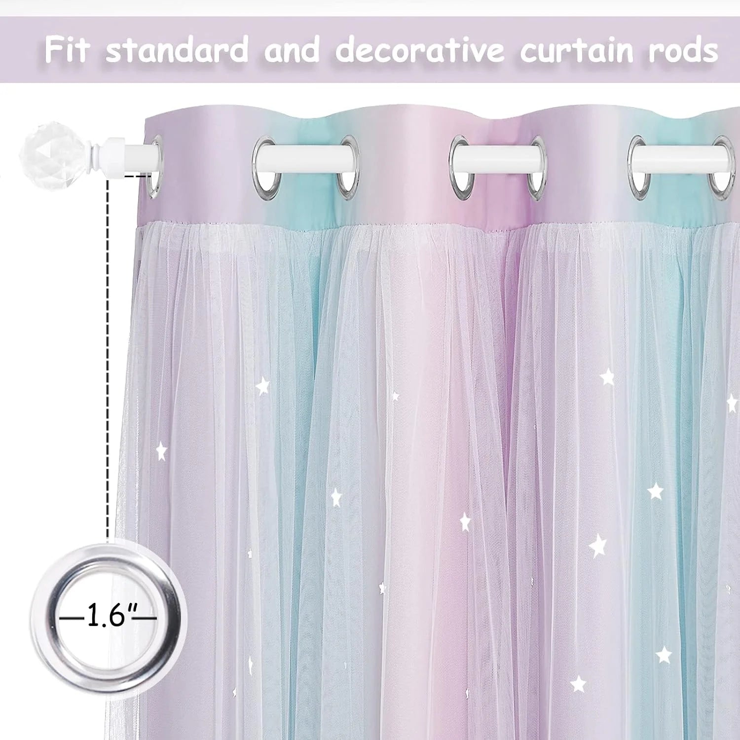 Pastel pink and blue sheer star curtain with silver grommets on a white rod