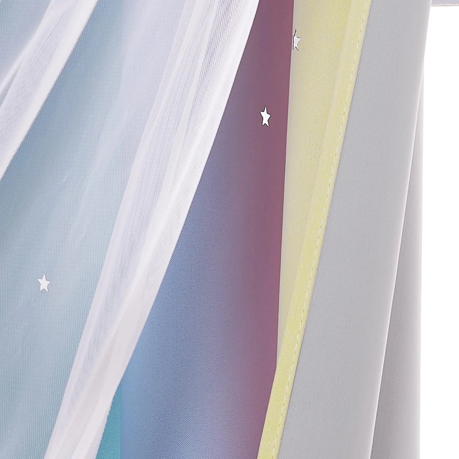Pastel sheer curtain with small white stars and layered rainbow-toned panels