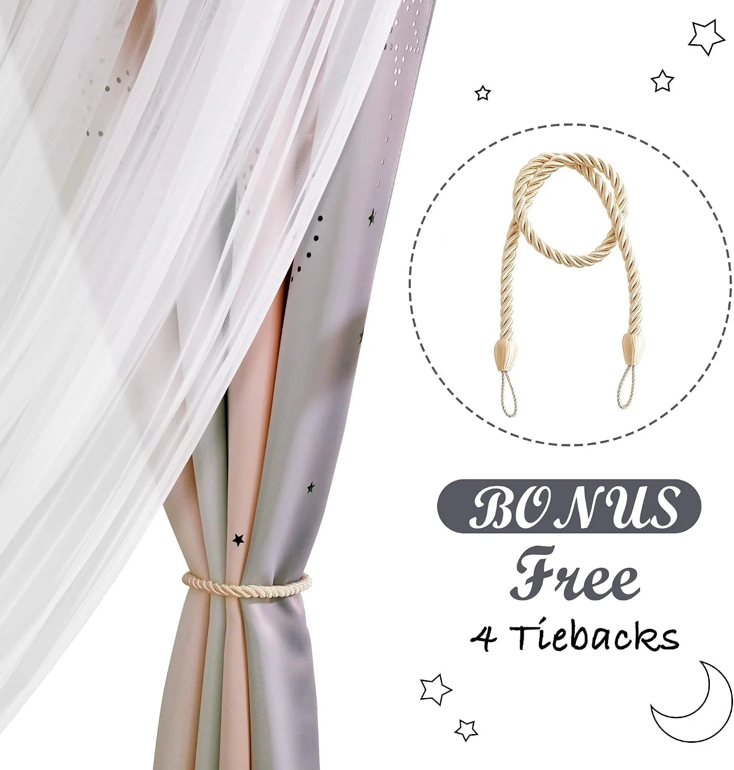 Pastel star blackout curtains with sheer panel and cream rope tieback bonus set