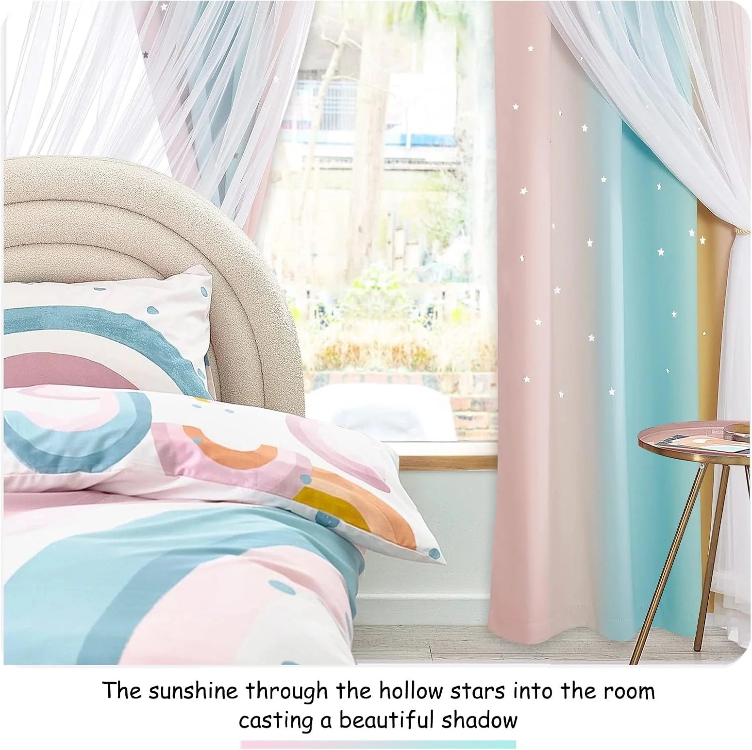 Pastel pink and blue star-cutout curtains with sheer drapes in a child's bedroom