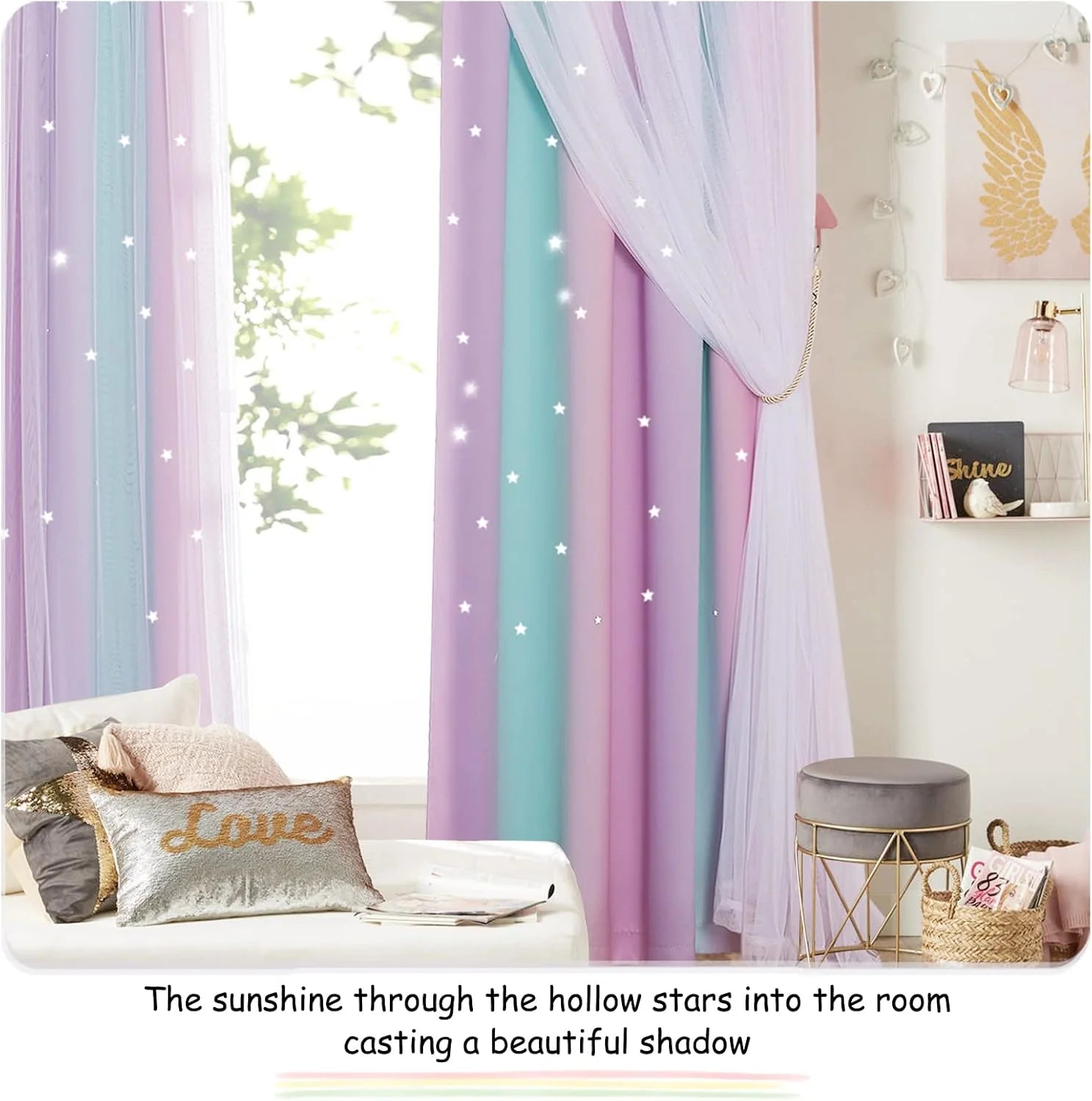 Pastel pink, purple and teal star-cutout curtains with sheer overlay in a girl's bedroom