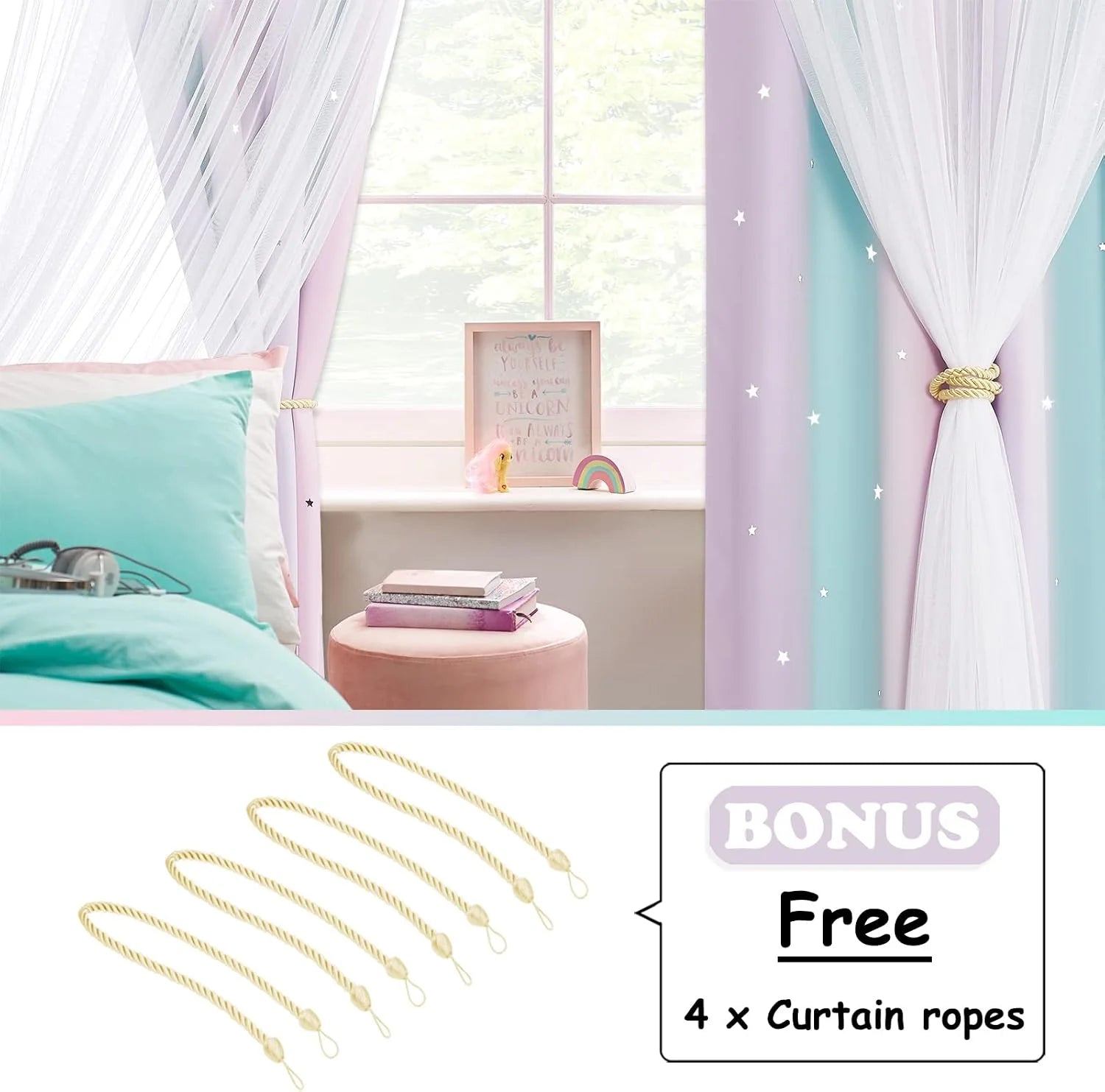 Pastel pink and teal star curtains with white sheer panels in a kids bedroom