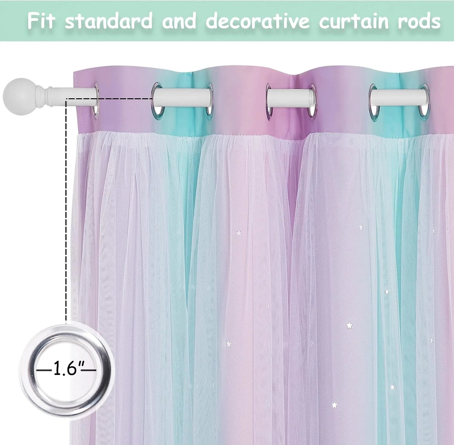 Pastel pink and blue sheer tulle curtain with silver grommets on white rod