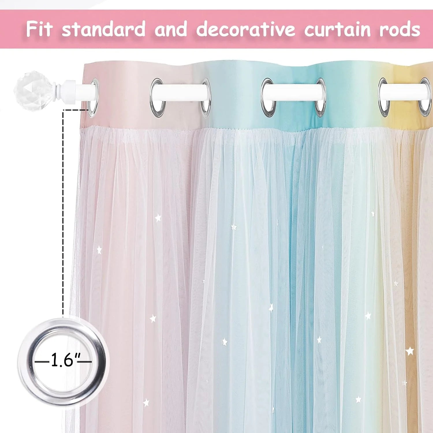 Pastel rainbow sheer tulle curtain with silver grommets on a white curtain rod