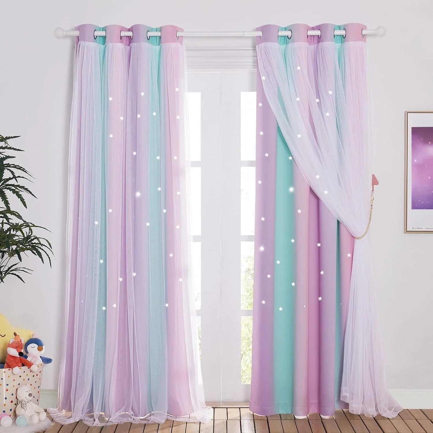 Pastel pink and aqua kids curtains with sheer tulle overlay and star lights