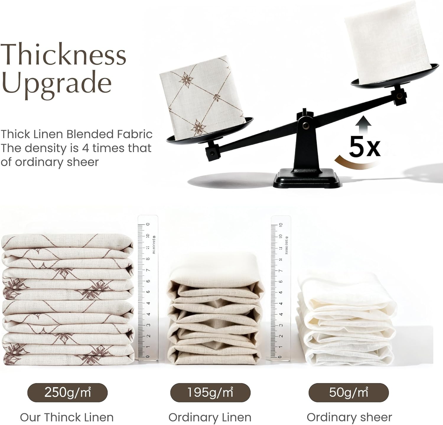 Beige patterned linen blend fabric, ordinary linen, and sheer fabric stacks, showing thickness upgrade.