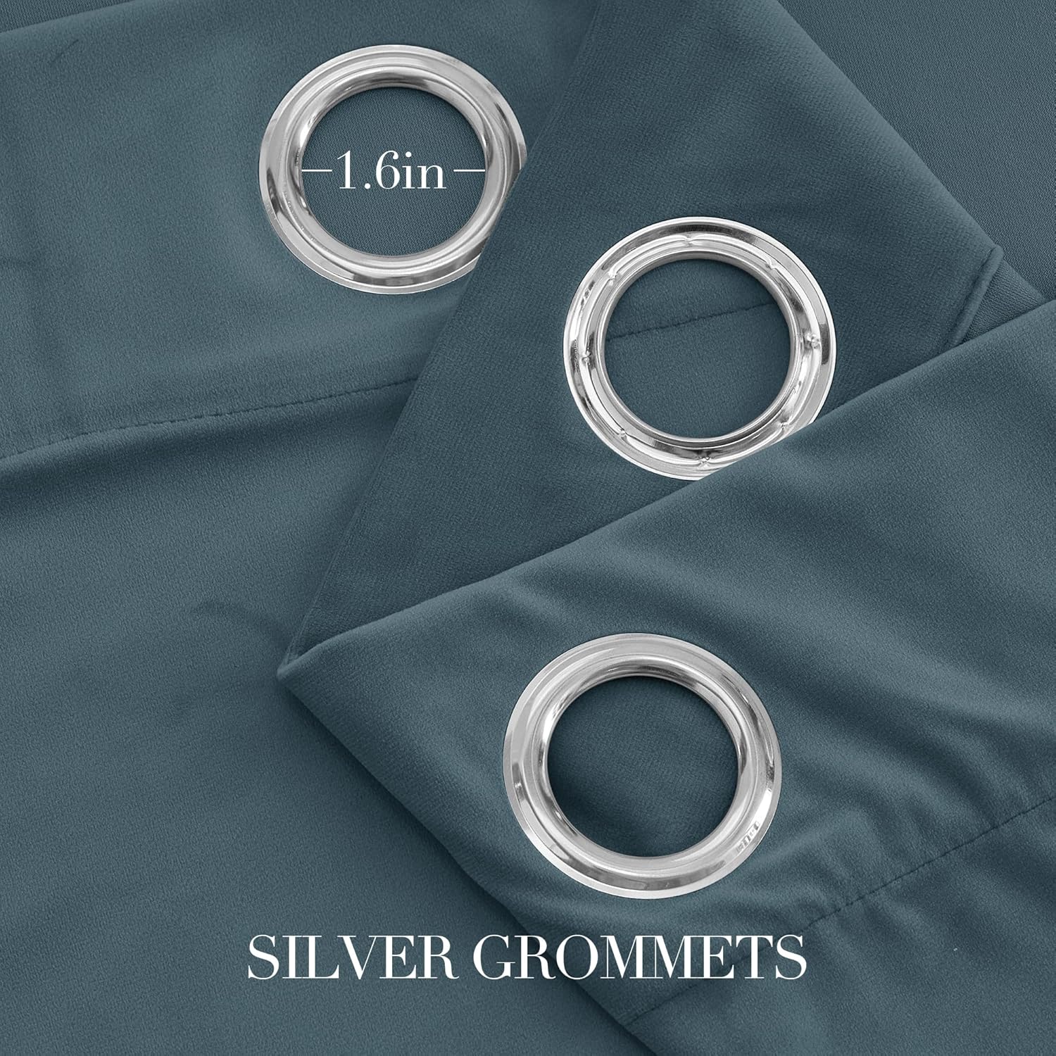 Detailed view of dark teal curtain panel with three shiny silver 1.6 inch grommets for hanging.