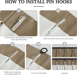 Installation guide for brown and white pinch pleat blackout curtains with adjustable pin hooks.