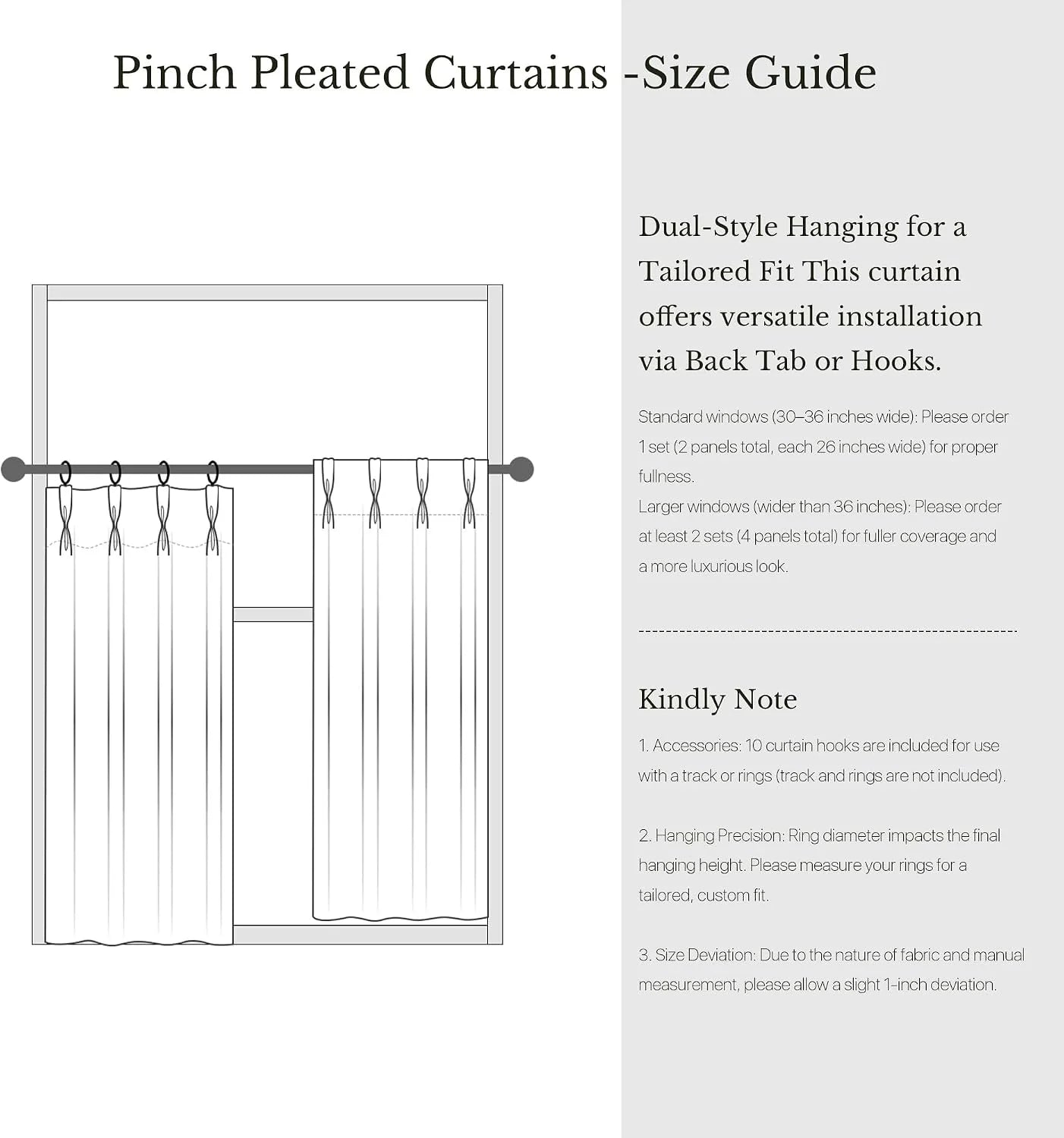 Pinch pleated curtain size guide with window diagram and hanging instructions
