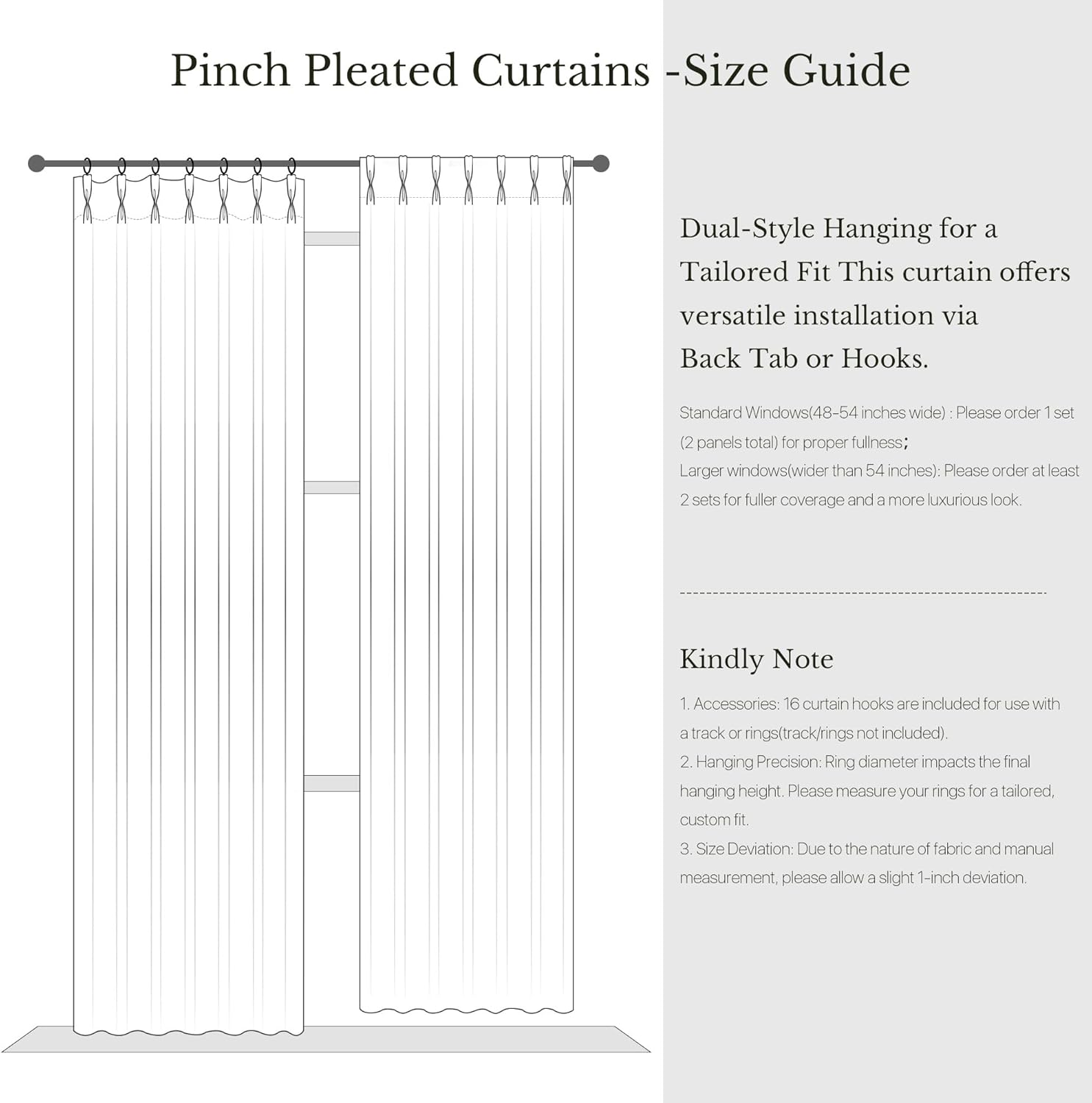 White line diagram showing pinch pleated curtains with dual-style back tab and hook hanging options.