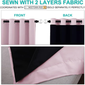 Pink two-layer grommet curtains with black backing, showcasing a blackout design.